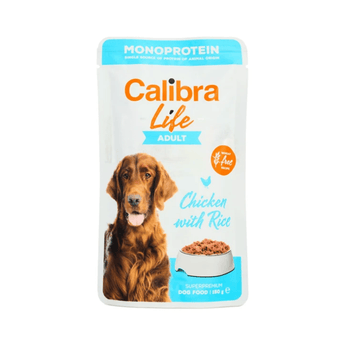 Calibra Life Adult dog food pouch, Chicken with Rice flavor, featuring a brown retriever on the front, set against a plain white background.