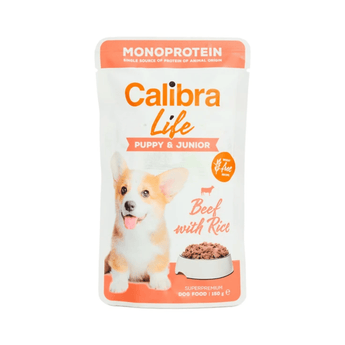 Calibra Life Puppy & Junior Beef with Rice monoprotein dog food pouch, featuring a corgi illustration on a white and orange background.