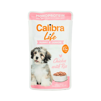 Calibra Life Puppy & Junior Monoprotein dog food pouch in Chicken with Rice flavour, featuring a puppy photo on a white and pink background.