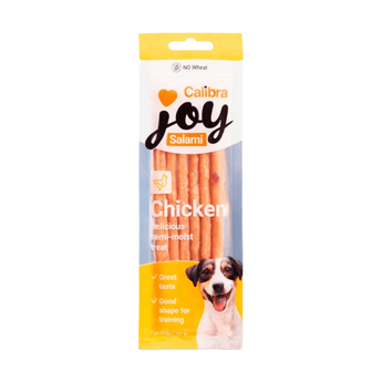 Calibra Joy Salami Chicken dog treats in a retail package, featuring a white and yellow packet with a photo of a dog and a clear window showing the chicken sticks inside.