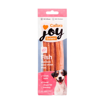 Calibra Joy Salami Fish semi-moist dog treat in its retail packaging, featuring pink and white packaging with a picture of a dog and the treats visible through a clear window.