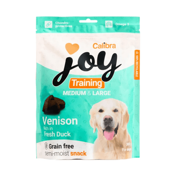 Calibra Joy Training dog snack pouch for Medium & Large dogs, featuring a golden retriever on the front and venison with fresh duck flavour.