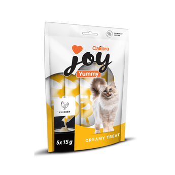 A package of Calibra Joy Yummy Creamy Treats for cats, featuring a white and yellow bag with a photo of a fluffy cat on the front, set against a plain white background.