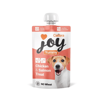 White background with a white and pink pouch of Calibra Joy Yummy paste treat in Chicken and Salmon flavour. 