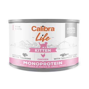 Calibra Life Kitten Monoprotein wet cat food in a cylindrical can with a white, pink, and orange label, shown on a plain white background.