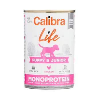 A can of Calibra Life Puppy & Junior wet dog food, featuring a white label with pink and orange text and a pink puppy silhouette, on a plain white background.