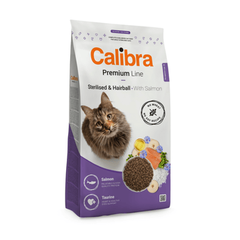 Calibra Premium Line cat food bag for sterilised and hairball cats with salmon flavour. The white and purple bag features a photo of a long-haired brown tabby cat, a bowl of kibble, salmon, and other ingredients.
