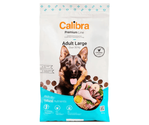 A 3kg bag of Calibra Premium Line Large Adult dog food, featuring a white bag with a picture of a dog and a blue bottom section, on a white background.