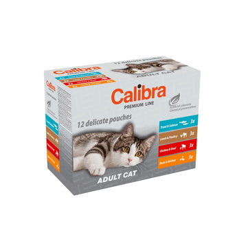 A box of Calibra Premium Line adult cat pouches, featuring a photo of a tabby cat on the front. The packaging is white with orange, blue, and red accents, and shows different food options on the side.