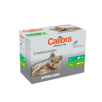 A box of Calibra Premium Line sterilised adult cat pouches, featuring a photo of a grey cat on the front. The packaging is white with green accents, and shows different food options on the side.