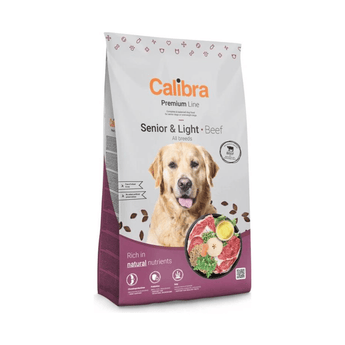 Calibra Premium Line Senior & Light Beef dog food in a 3kg bag, featuring a golden retriever on the packaging against a white background.