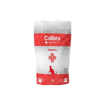 A 60g sample size bag of Calibra+ Veterinary Diets Diabetes cat food, featuring a white and pink design with a red cat silhouette and cross logo.