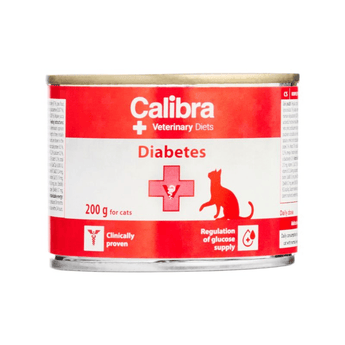 A 200 g can of Calibra Veterinary Diets Diabetes cat food, featuring a red and white label with a red cat silhouette and medical cross symbol, set against a plain white background.