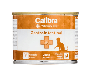 A can of Calibra Veterinary Diets Gastrointestinal cat food, featuring an orange and white label with a cat silhouette, on a plain white background.