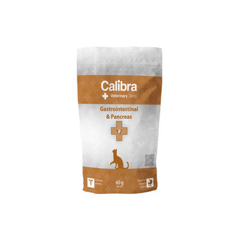 A 60g sample size bag of Calibra Veterinary Diets Gastrointestinal & Pancreas cat food, featuring a white and orange design with a cat silhouette on a white background.