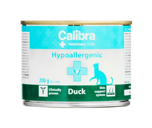 A 200g can of Calibra Hypoallergenic Duck cat food, featuring a white and teal label with a green bottom band, shown on a plain white background.