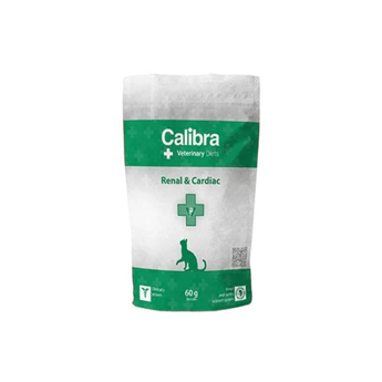 A 60g sample sized stand-up pouch of Calibra Veterinary Diet Renal & Cardiac cat food, featuring a white and teal design with a cat silhouette and medical cross icons.