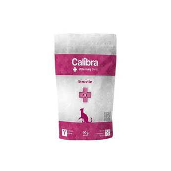 A 60g sample sized bag of Calibra Veterinary Diets Struvite cat food, featuring a white and pink packaging design with a cat silhouette.
