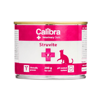 A can of Calibra Struvite veterinary cat food, 200g, featuring a pink and white label with a gold lid, set against a plain white background.