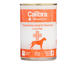 A 400g can of Calibra Veterinary Diets Gastrointestinal & Pancreas Low Fat dog food, featuring an orange and white label with an orange dog silhouette.