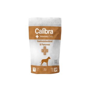 A 100g sample bag of Calibra Veterinary Food Gastrointestinal & Pancreas dog food, featuring a white and orange design with a dog silhouette, on a white background.