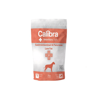 A 100g sample size pouch of Calibra Veterinary Diets Gastrointestinal & Pancreas Low Fat dog food supplement, featuring a white and orange design with a dog silhouette.