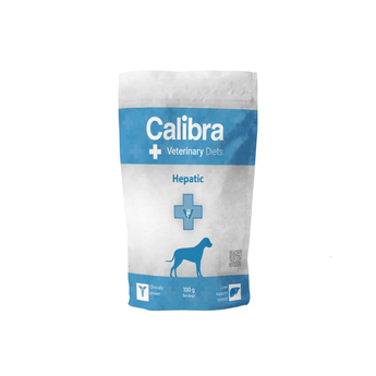 A 100g sample bag of Calibra Veterinary Care Hepatic dog food, featuring a white and light blue design on a white background.