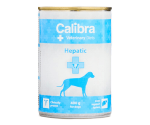 A can of Calibra Veterinary Diets Hepatic dog food, 400g, featuring a white and light blue label with a dog silhouette.