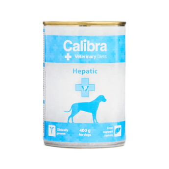 A can of Calibra Veterinary Diets Hepatic dog food, 400g, featuring a white and light blue label with a dog silhouette.