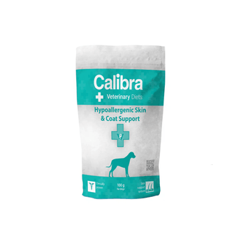 A 100g sample sized pouch of Calibra Veterinary Diets Hypoallergenic Skin & Coat Support dog food, featuring a white and bright turquoise design with a dog silhouette.