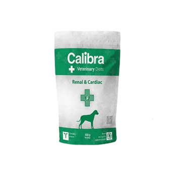 A 100g sample sized bag of Calibra Veterinary Renal & Cardiac dry dog food, featuring a white and green design with a dog silhouette.