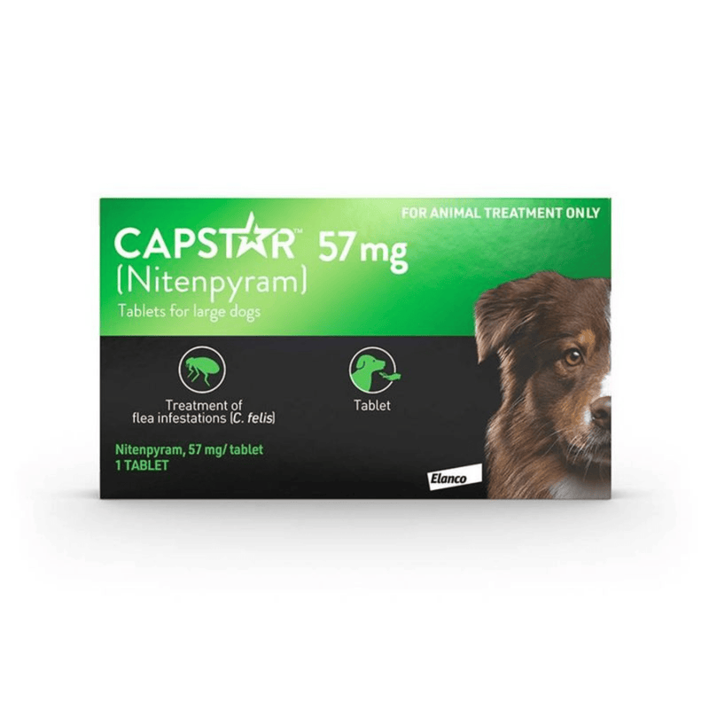 Capstar 57 mg tablet packaging for large dogs with a green and black design.
