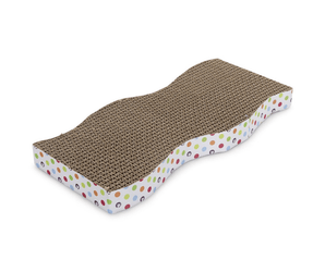 Wave shaped corrugated cardboard scratcher with spotty details around the outside on a white background. 