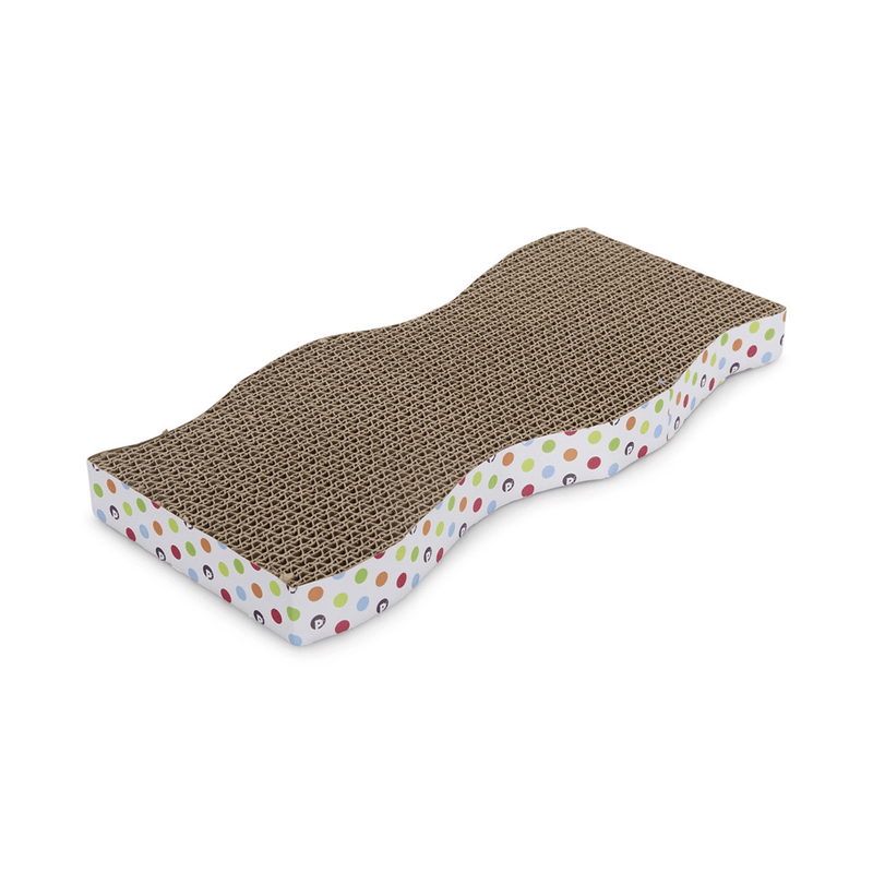 Wave shaped corrugated cardboard scratcher with spotty details around the outside on a white background. 