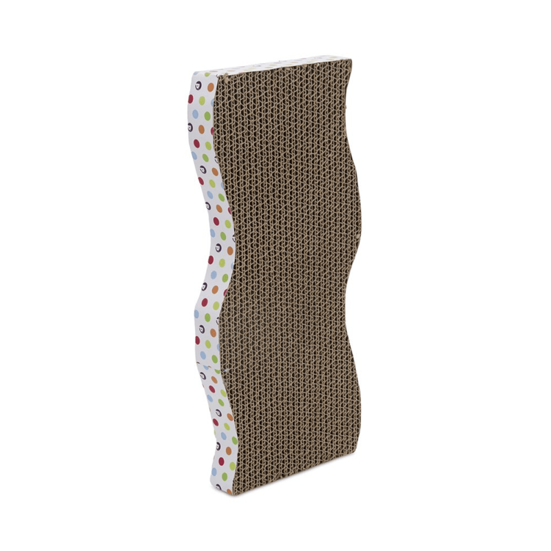 Side view wave shaped corrugated cardboard scratcher with spotty details around the outside on a white background. 