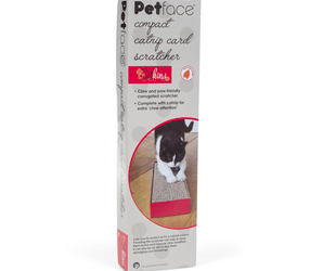 Grey outer box with a picture of a black and white cat using the cardboard scratcher on it on a white background.