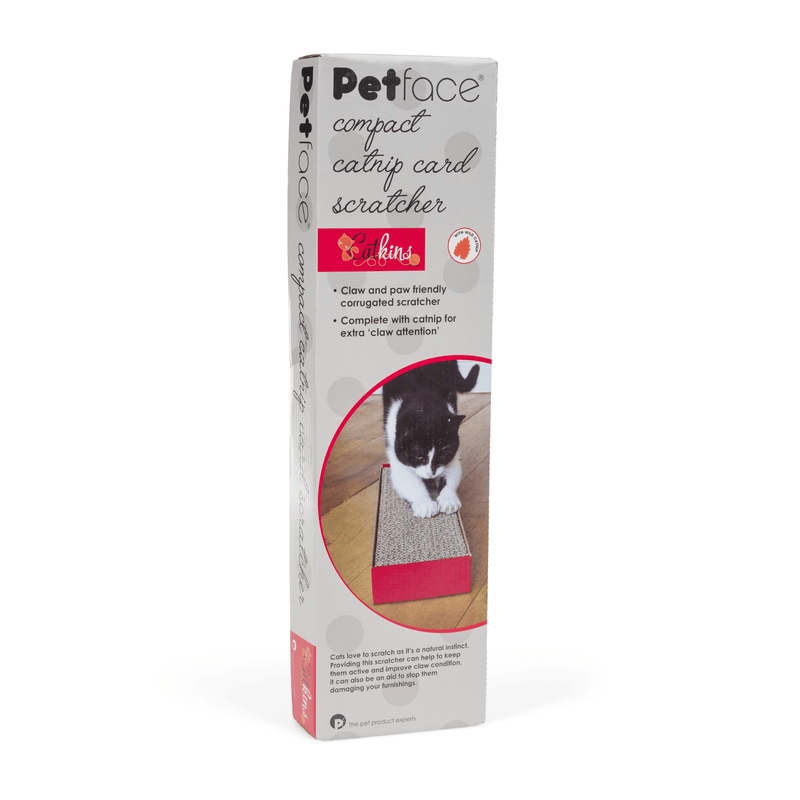 Grey outer box with a picture of a black and white cat using the cardboard scratcher on it on a white background.