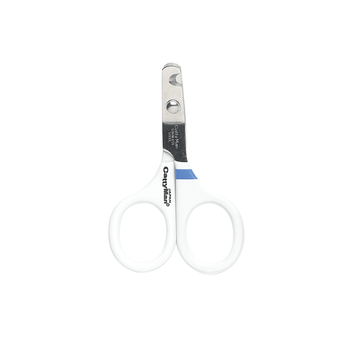 White background with a pair of steel and white Cattyman nail scissors with 'Cattyman' written on the handle. 
