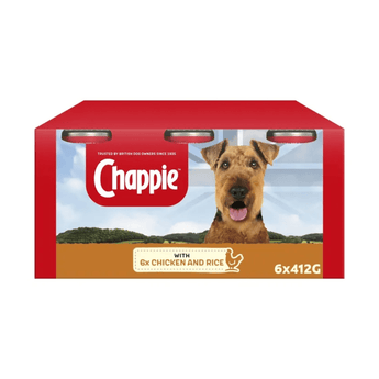 Chappie dog food packaging, featuring a red and brown box with a photo of an Airedale Terrier and text indicating 'with 6x Chicken and Rice' and '6x412G'.