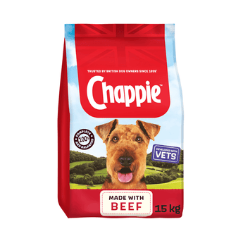 White background with a 15kg bag of Chappie Dry dog food in a Beef flavour, pictured on the bag is an Airedale terrier.