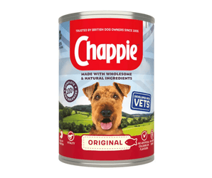A can of Chappie Original dog food on a plain white background. The label features the red and white Chappie brand logo, a picture of an Airedale terrier, and a green countryside landscape.