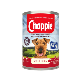 A can of Chappie Original dog food on a plain white background. The label features the red and white Chappie brand logo, a picture of an Airedale terrier, and a green countryside landscape.