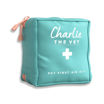 White background with a green zipped up square-shaped bag for a Charlie the Vet Mini Pet First Aid Kit.