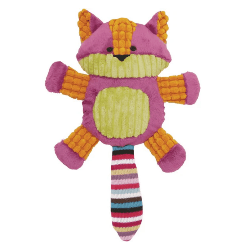 Multi-coloured cat shaped dog toy, dominantly pink body with orange legs and arms and pale green chin and belly features and a multi-coloured stripy tail on a white background. 