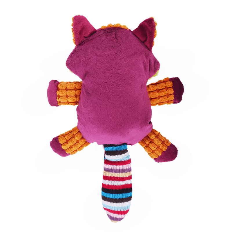 Back view of multi-coloured cat shaped dog toy, dominantly pink body with orange legs and arms and a multi-coloured stripy tail on a white background. 