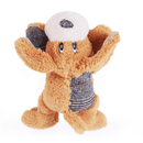 Plush cartoon style dog toy made dominantly from fluffy brown fur with plaid patchwork on one half of the back and one front paw. White muzzle with plaid fabric nose and stitched eye details. Pictured on a white background. 