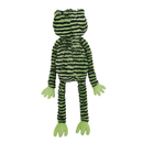 Back view of frog shaped dog toy with a long arms and legs, a green and black stripy body, arms and legs with a solid green hands and feet pictured on a white background. 