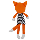 Rear view of orange plush fox toy with long legs and arms, with a black and white geometric patterned body and orange tail pictured on a white back ground. 