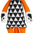 Close up of body of orange plush fox toy with long legs and arms, with a black and white geometric patterned body pictured on a white back ground. 