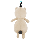 Back view of teddy bear shaped dog toy with black party hat with white spots on it's head. Bear has a black pom pom tail pictured on a white background. 